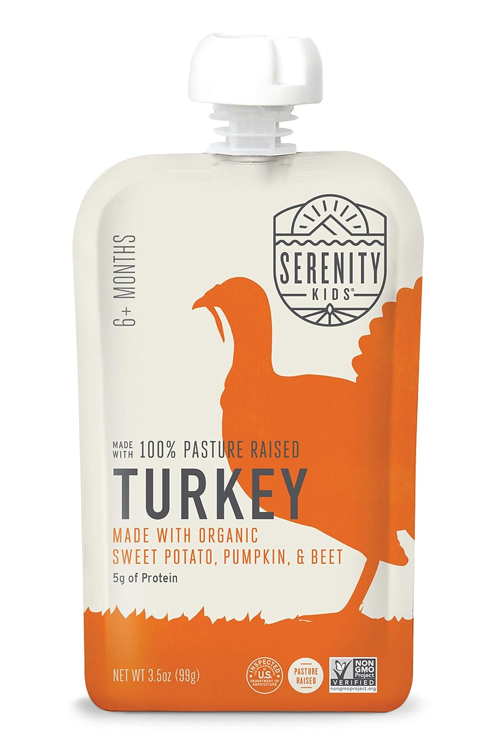 Serenity Kids Baby Food, Pasture Raised Turkey with Organic Sweet Potato, Pumpkin and Beet, For 6+ Months, 3.5 Ounce Pouch (12 Count)