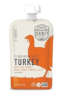 Serenity Kids Baby Food, Pasture Raised Turkey with Organic Sweet Potato, Pumpkin and Beet, For 6+ Months, 3.5 Ounce Pouch (12 Count)