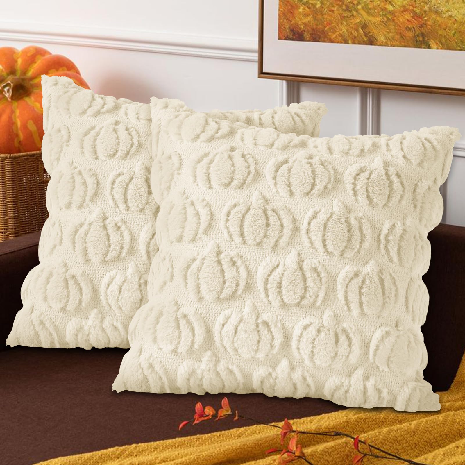 Photo 1 of Benjia Fall 18x18 Throw Pillow Covers Set of 2, Autumn Pumpkin Throw Pillow Cases Soft Plush Faux Fur Wool 18 x 18 Autumn Cushion Cover for Indoor Home Bedroom Chair Couch Sofa Decor (Cream White)
