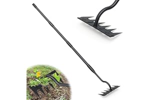 LILYVANE Manual Weeder Tool,6 Tines Garden Weeding Rake with Sharp Blade,55 Inch Long Handle,Heavy Duty Stand Weeding Tool for Weeding Loosening Soil Gathering Leaf Leveling Thatch Rake
