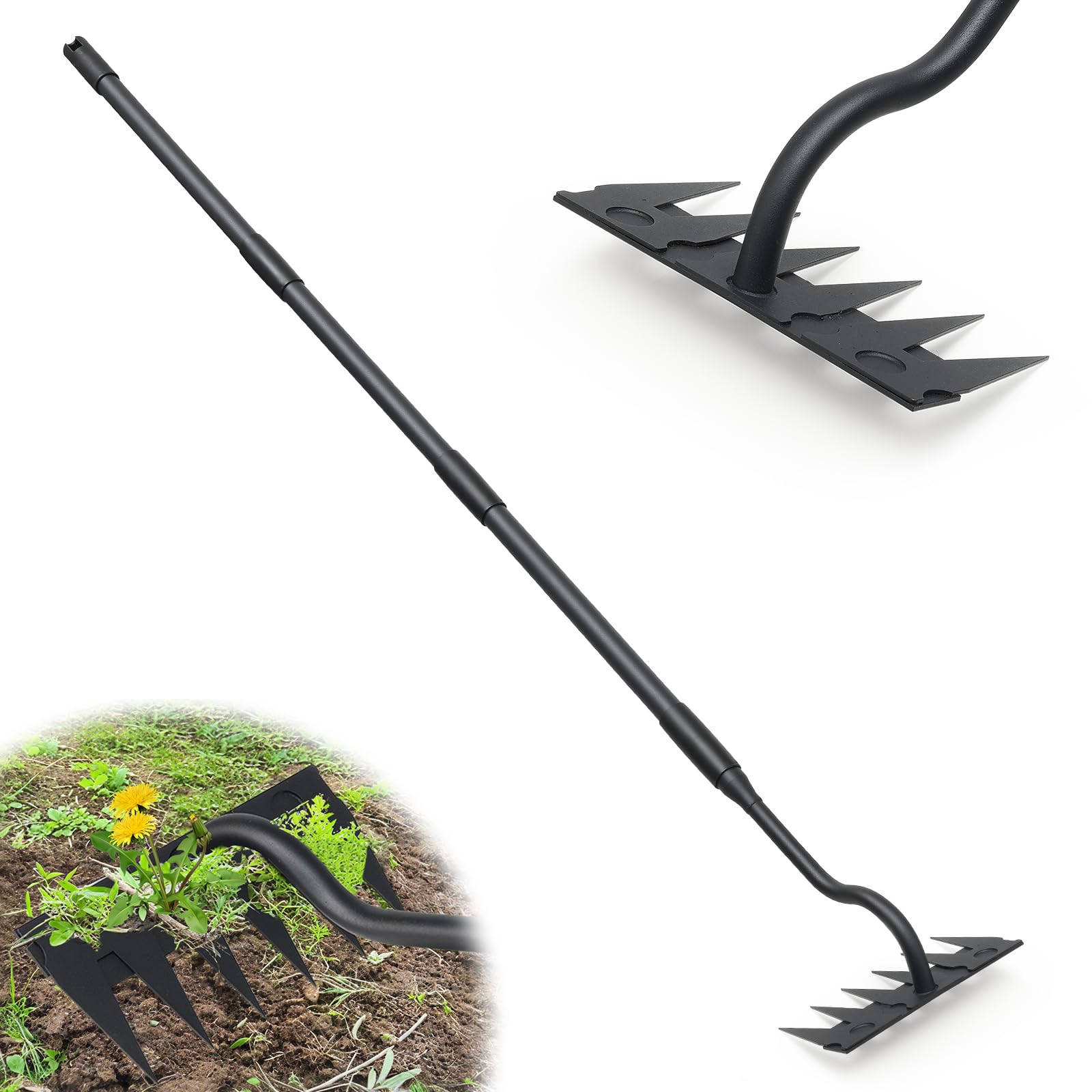 Photo 1 of Manual Weeder Tool,6 Tines Garden Weeding Rake with Sharp Blade,55 Inch Long Handle,Heavy Duty Stand Weeding Tool for Weeding Loosening Soil Gathering Leaf Leveling Thatch Rake