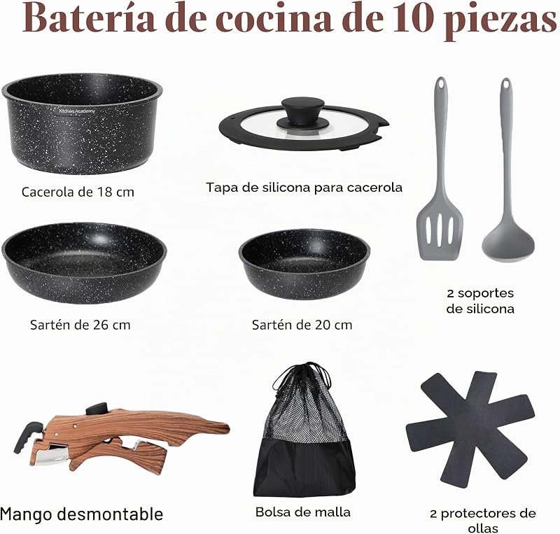 Juego de Sartenes Antiadherente 10 piezas con Mango Desmontable Negro