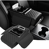 QQWD Car Armrest Cushion, 5 in 1 Center Console Cover with 2 Cup Holders, Phone Holder, Tissue Holder, Storage Bag, Multifunctional Leather Heightened Car Armrest Cushion for Most Cars（Black