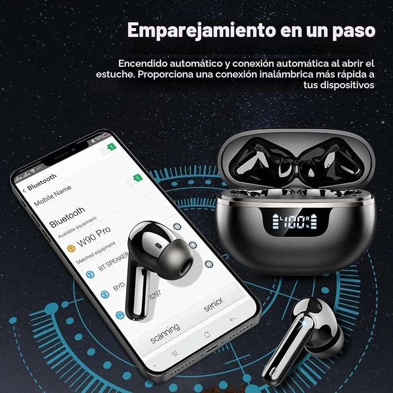 Auriculares Inalámbricos Bluetooth 5.4, Cascos Inalambricos Sonido HiFi Estéreo, Cancelación de Ruido ENC en Llamada, 48h Reproducción, IP7 Impermeable/Pantalla LED Digital/Carga Rápida USB Tipo-C — foto 6 de 7