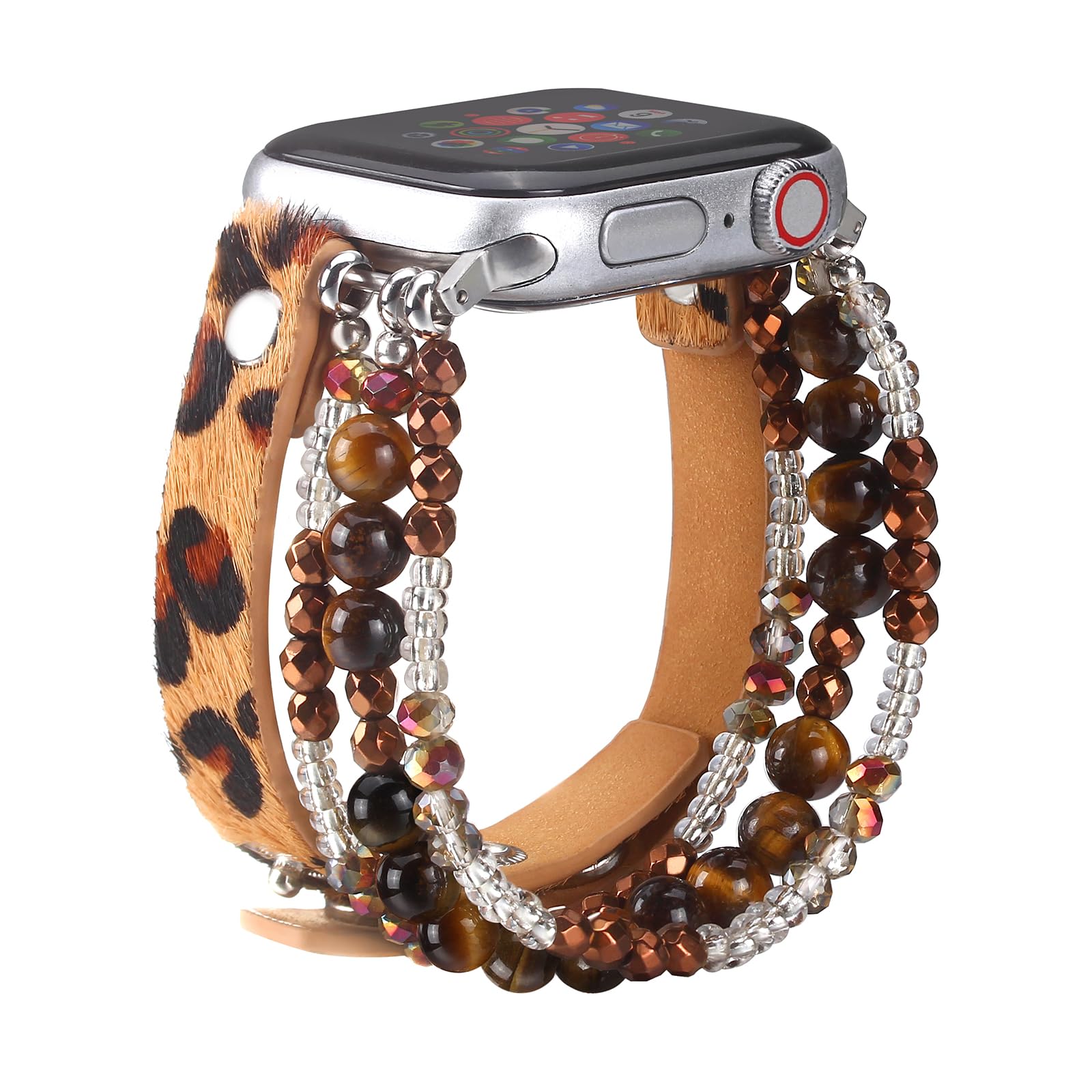 CHARMINGO Leather Band Compatible with Apple Watch Band Bracelet 42mm 44mm 45mm 49mm Women Men, Bohemian Leopard Print Leather Wristband Stretchy Beaded Watch Strap for iWatch Band Series 9 8 7 6 5 4