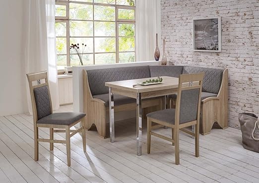 Dreams4home Eckbankgruppe Bene Essgruppe 165 X 125 X 87 Cm Vierfusstisch 2 Stuhle Modern Eckbank Kuchentisch 4 Teilig Kuche Polsterung Flachgewebe Silbergrau Buche Massiv Sonomafarbig Eiche Sonoma Sagerau Dekor Chromoptik Amazon De Kuche