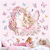 decalmile Large Unicorn Wall Stickers Pink Fairy Girl Butterfly Wall Decals Baby Nursery Bedroom Girls Room Home Decor