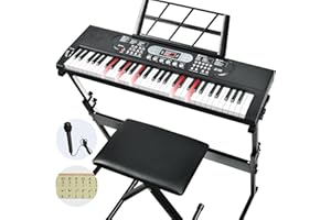 JTSIOV 61 Key Keyboard Piano, Electric Piano Keyboard with Lighted Keys, Pitch Bend, Built-in Speakers- Includes Piano Stand and Bench, Microphone, Portable Keyboard Piano for Beginners