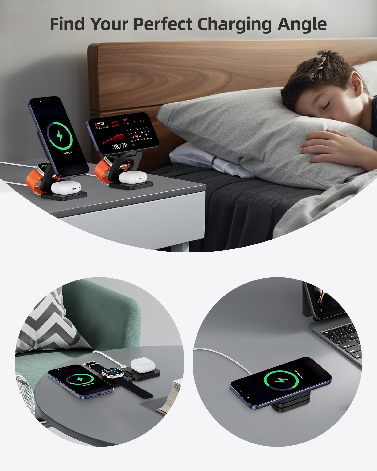 KU XIU X55 Turbo Qi2.2 25W Ladestation für Magsafe, Faltbar 3 in 1 Ladestation für Apple Watch und iPhone 17-12 & AirPods, Magnetisches Ladegerät Ständer Reise Wireless Charger, 45W Adapter, Schwarz 4
