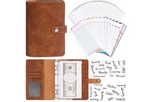 Auzesto A6 Budget Binder, Soft PU Leather Notebook Binder Planner Cover with 16 Pockets Cash Envelopes, 12 Expense Sheets, 4 Shts Letter Sticker Labels for Bill (Brown), ZS23-25