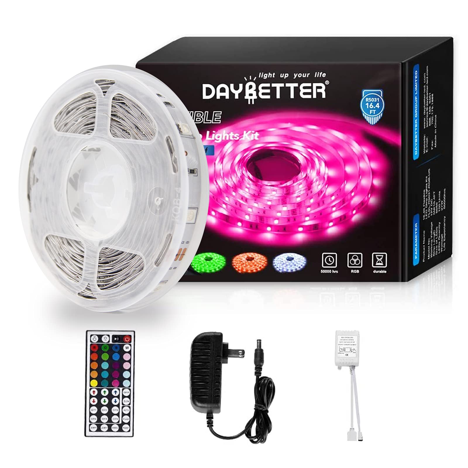 Daybetter Led Strip Lights 16.4ft with Remote Controller and Power Supply