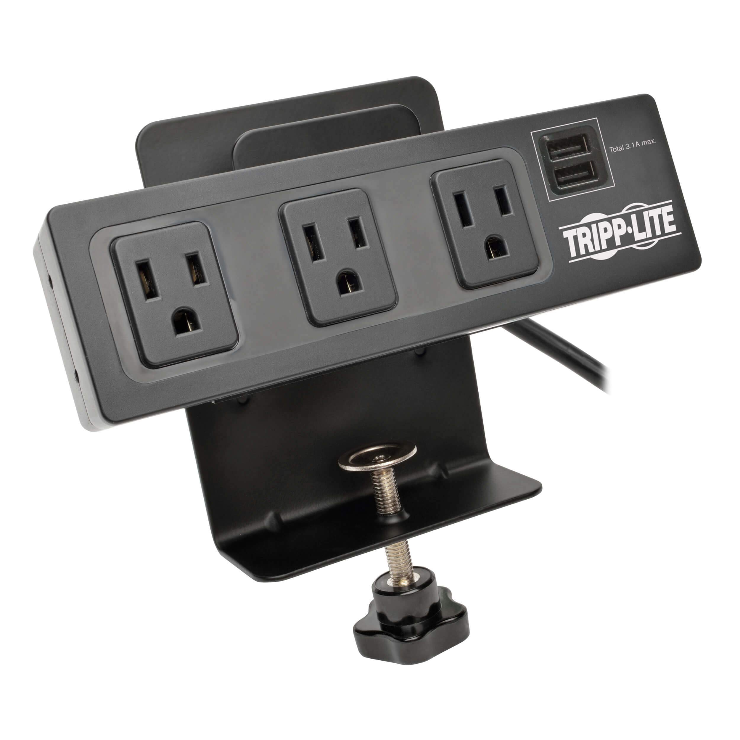 Photo 1 of Tripp Lite 3 Outlet Surge Protector Power Strip with Desk Clamp, 10ft. Cord, 510 Joules, 2 USB Charging Ports, Black, $20K Insurance & Lifetime Manufacturer's Guarantee (TLP310USBC)