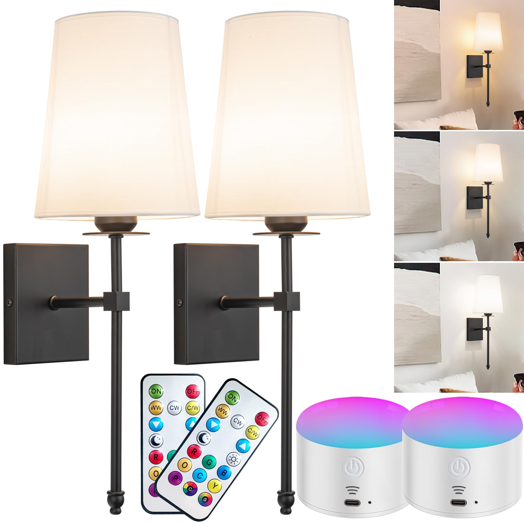 Photo 1 of Slim Wall light Fixture Battery Operated Wall Sconce Set Of Two White Fabric Shade Wall Sconce with Remote Control, Indoor Not Hardwired Dimmable Battery Powered Wall Lamp 