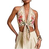 GORGLITTER Women's Floral Boho Halter Crop Tops Open Back Backless Western Vintage Summer Cowgirl Going Out Outfits