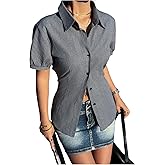 MakeMeChic Women's Striped Button Down Y2K Shirt Short Sleeve Collared Summer Office Blouse