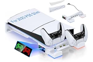 AIfasterfly Horizontal Stand for 2023 Slim Console & Pro, Dual Controller Charger for with LED Indicator, LED Ambient Light, for Slim Disc & Digital (NOT Fit 2020)