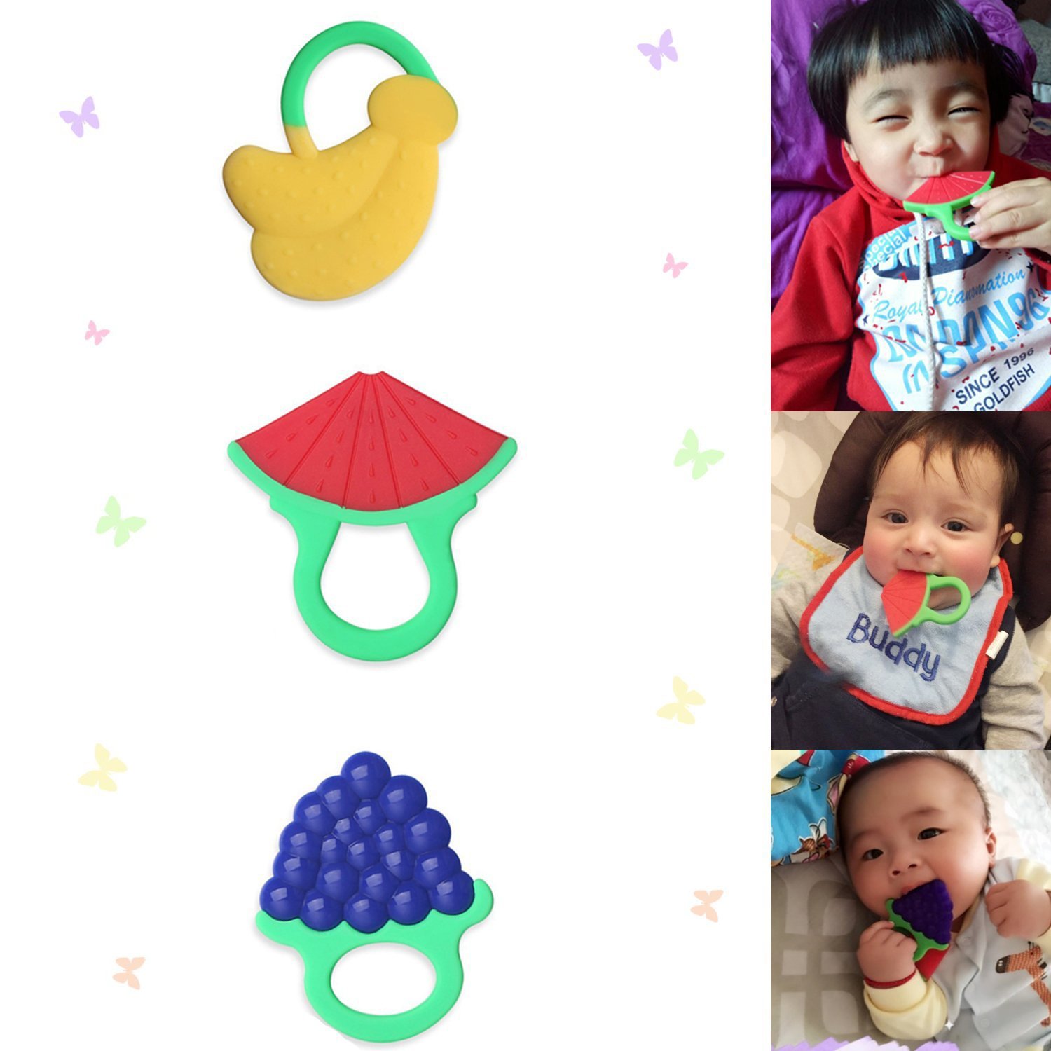 Zakitane Baby Fruit Teether Teething Toys Chewable Silicone Teethers with Rings Infant Toddler Teething Pain Relief BPA Free Set of 3 Watermelon Bananas and Grapes