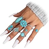 Annpro Bohemian Turquoise Ring Set for Women,Vintage Gem Turquoise Opal Joint Knuckle Stackable Rings Chunky Boho Midi Ring Pack Punk Western Ring Mixed Size