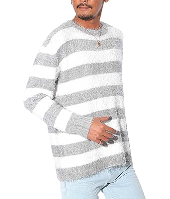 Amazon 5ggボーダーフェザーヤーンクルーネックニット ニット