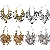 4Pairs Bohemian Dangle Hoop Earrings for Women Vintage Filigree Flower Earrings Ethnic Jewelry Gift