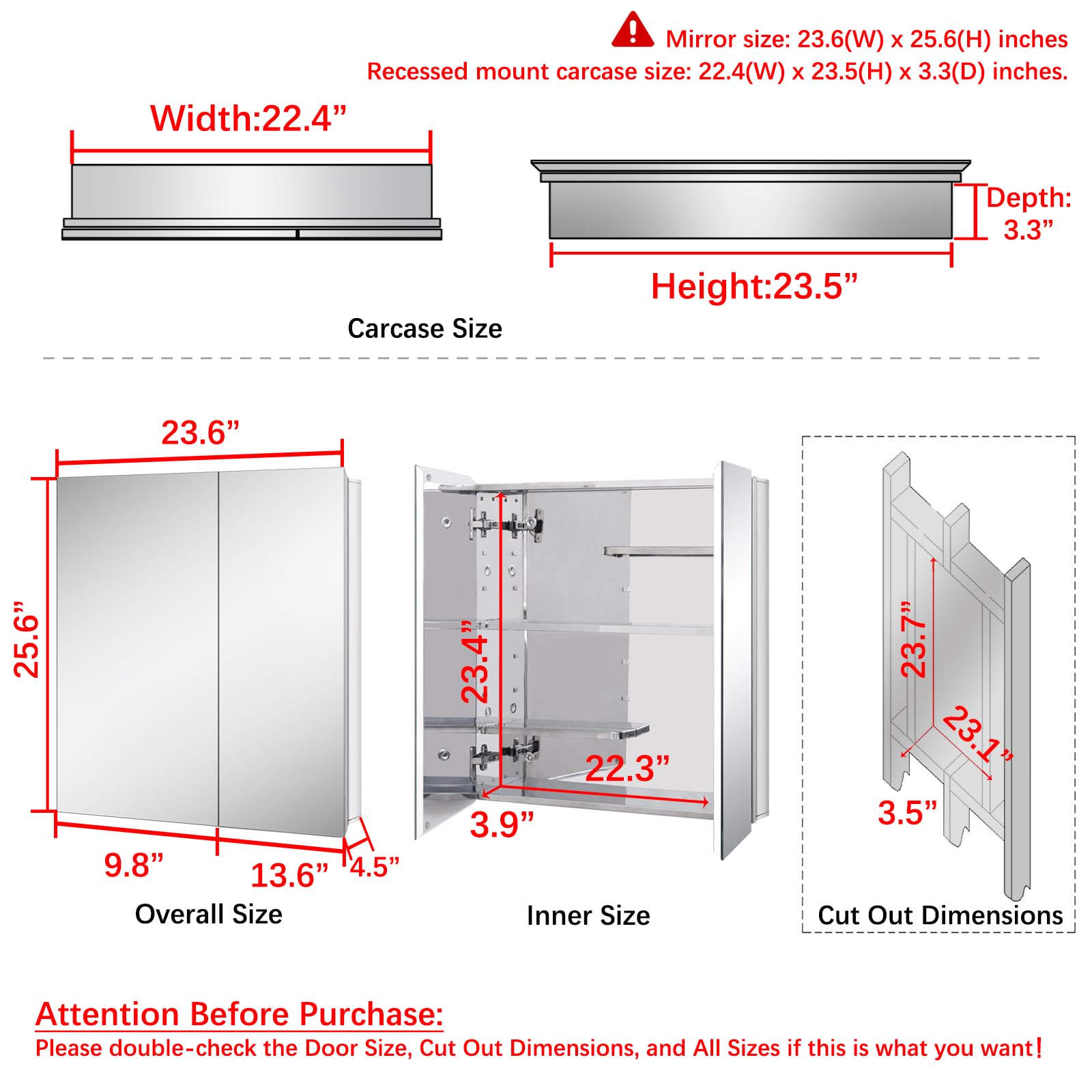 Fundin Stainless Steel Medicine Cabinet, Bathroom Mirror Cabinet, Surface Mount and Recess Mount, 23.6 x 25.6 inch, with Unique Half-Shelves for Greater Storage adjustability