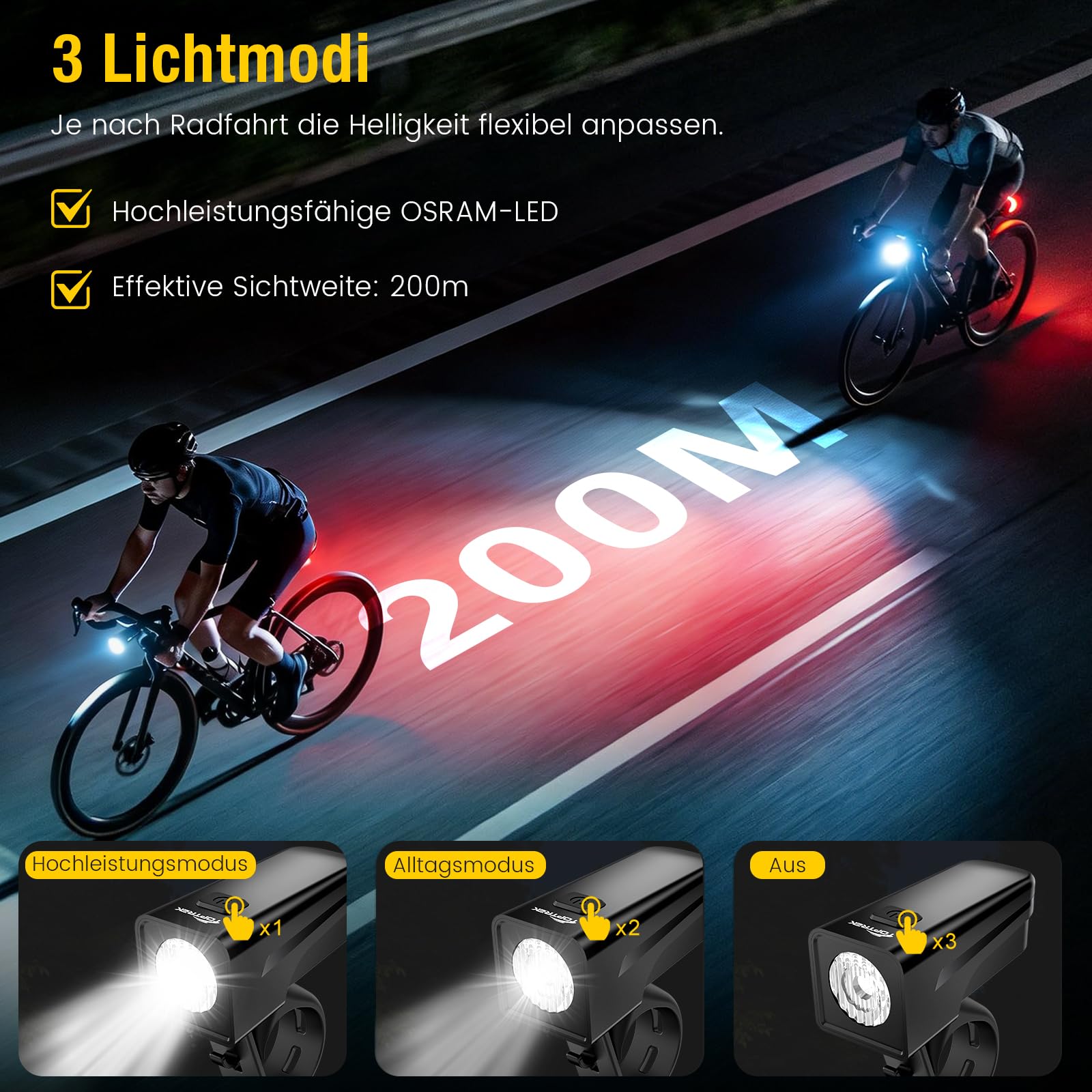 toptrek Fahrradlicht Set USB Aufladbar, StVZO Zugelassen Fahrrad Lichter LED Set, IPX5 Wasserdicht Fahrradlampe Set mit Austauschbarem Akku Design, Fahrradbeleuchtung Set mit Langer Akkulaufzeit 3
