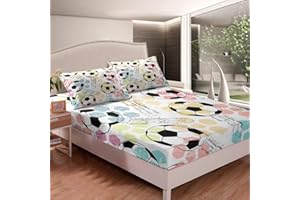 FEELYOU Kids Football Bedding Set Sports Theme Fitted Sheet for Child Boys Girls Soccer Ball Pattern Bed Sheet Set Breathable Colorful Grunge Style Bed Cover Geometry Room Decor Queen Size