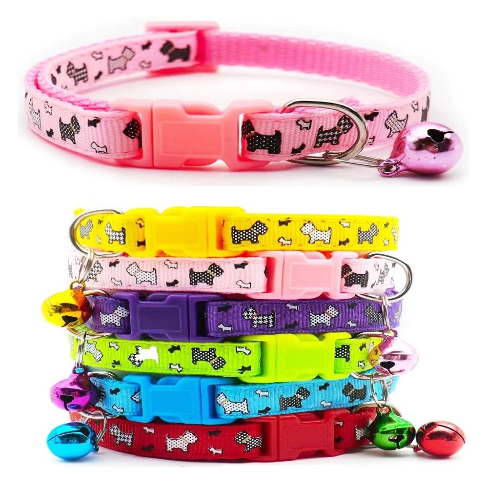 Small Dog Puppy Pet Collar Scotty Dogprint Design with Bell Nylon Adjustable Size 19-32cm Light Pink