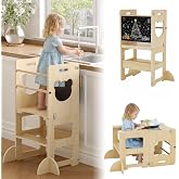 EXPERLAM 4-in-1 Toddler Kitchen Step Stool, Foldable Toddler Tower with Blackboard, Wooden Kitchen Stool Helper for Kids, Learning Standing Tower, 1-3 Year Old Boy Girl Gift