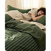 Bedsure Striped Duvet Cover Queen Size,100% Washed Cotton Duvet Cover Linen Like Textured, Classic Striped Pattern Enhances Bedroom Comfort and Style, Stripes Olive Green, 90"x90"