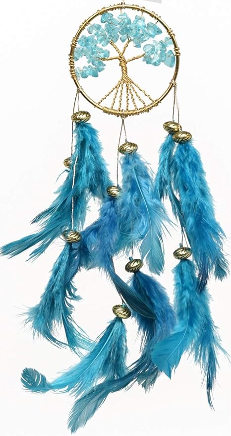 Rooh Healing Tree Brass Dream Catcher Turquoise Blue- Used as Home Decor Accents, Wall Hangings, Car, Bedroom, (L- 5.3 cm x H -20 cm)