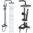 gotonovo Matte Black Outdoor Shower Faucet SUS304 Shower Fixture System Combo Set Double Cross Handle 8 inch Rainfall Shower Head High Pressure Hand Spray Wall Mount