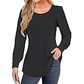 ZENUTA Long Sleeve Shirts for Women Tunic Tops Loose Fit Dressy, Pleated Crewneck Business Casual Blouses Fall Tops (Black, Large)