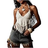 MakeMeChic Women's Open Back Halter Crop Tops Deep V Neck Fringe Knit Sleeveless Y2k Tank