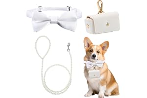 DVEHDBAY 3 Pcs Dog Ring Bearer Ring Holder Kit - White Pearl Beaded Dog Leash, Dogs Wedding Collar with Bow Bowtie, Leather Wedding Pillow Box