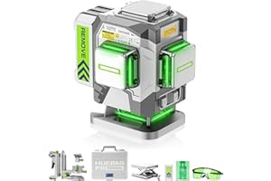 Huepar Pro Laser Level 3D Self Leveling Green Beam Tiling Laser Tool, 12 Lines Highly Accurate Professional Floor Laser with 8000mAh Rechargeable Li-ion Battery, Magnetic Bracket and Hard Case ZK03DG