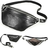 Top Grain Genuine Leather Large Size Fanny Pack for Man & Woman, Minimalist Vintage Design, Handmade with Detachable Hardware, Slim Waist Pack Large Crossbody Belt Bag for Traveling or Riding, Black