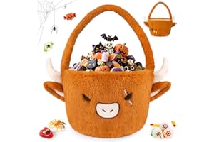 JIZWPOOM Halloween Basket, Highland Cow Pumpkin Plush Bucket,Trick or Treat Basket with Handle, Gift Candy Storage for Kids, Halloween Party Decor Home Decoration