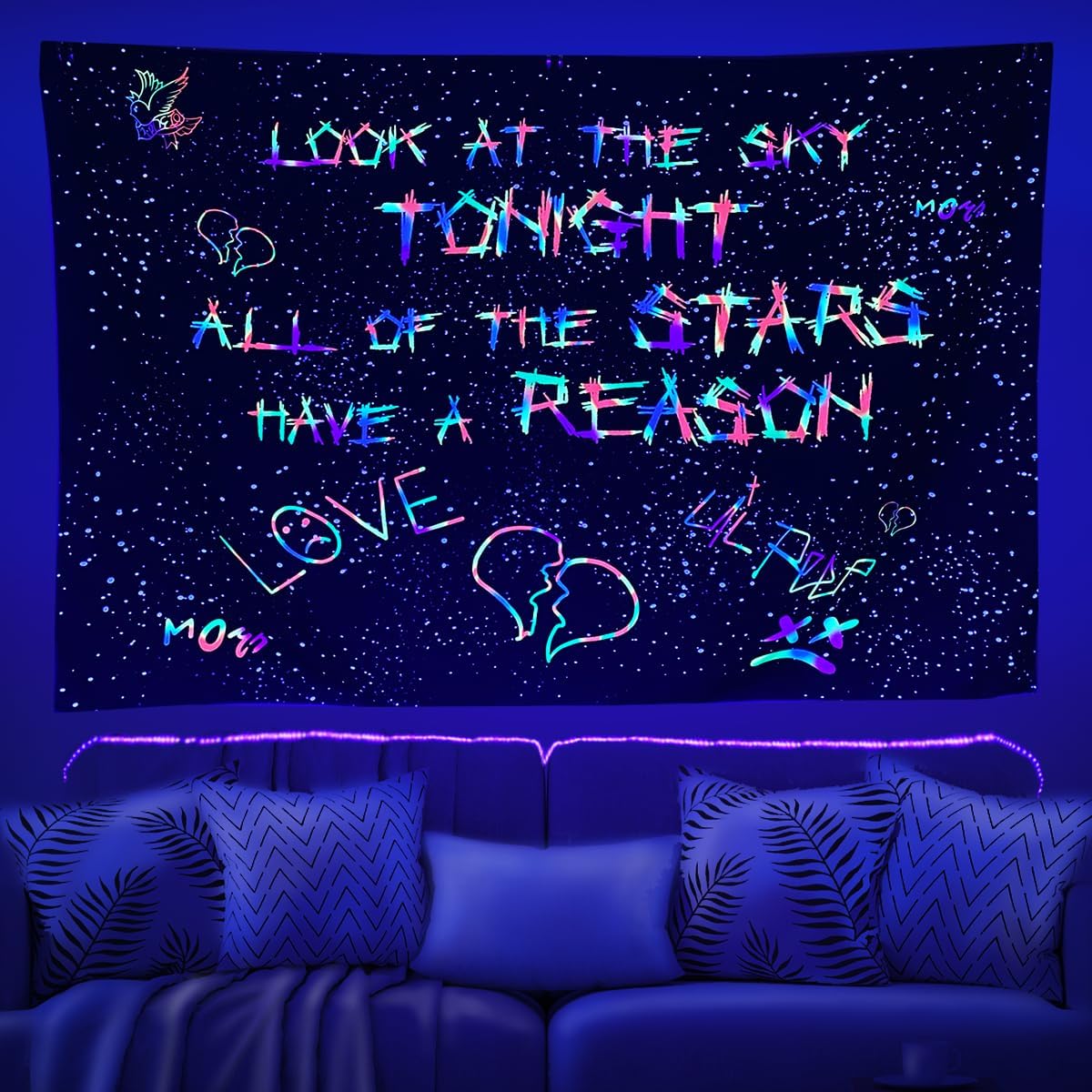 Tapestries - Jhdstore Blacklight Lil Peep Tapestry Rapper Wall Tapestry Lil Peep Tapestries Juice Wrld Black and White Star Tapestry for Bedroom Dorm Hip Hop Home Decorations Wall Hanging 60