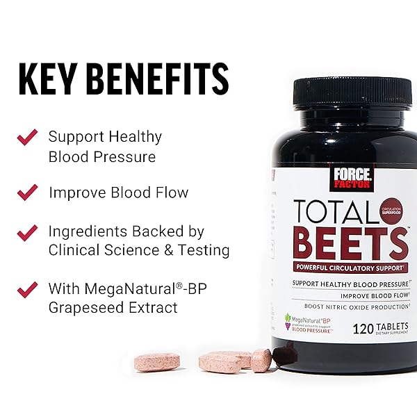 FORCE FACTOR TOTAL BEETS BLOOD PRESSURE SUPPORT WITH GRAPE SEED EXTRACT AND NON GMO BEET ROOT POWDER FOR HEART HEALTH, CIRCULATION, & BLOOD FLOW, 120 COUNT