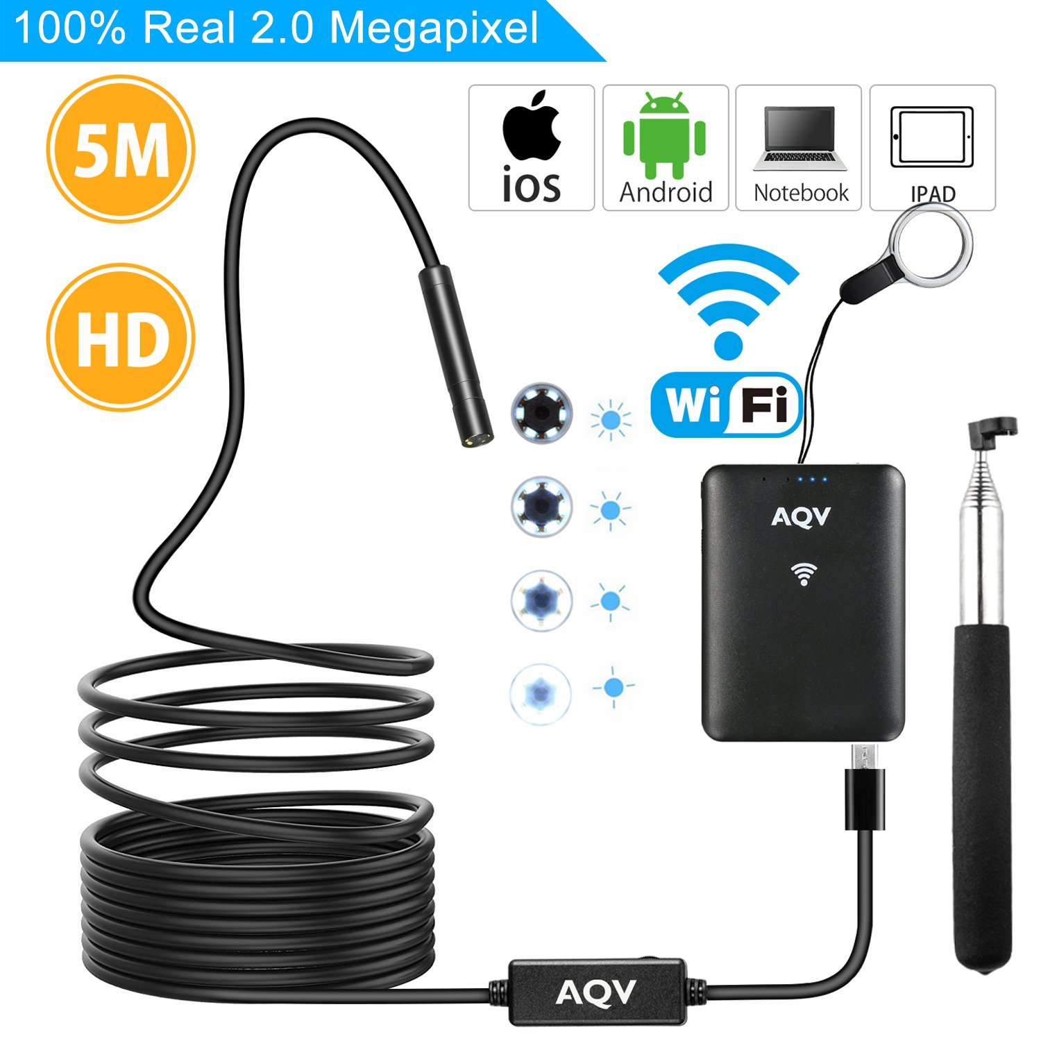 AQV WiFi Endoscope, USB Endoscope HD 720P 2.0 Mégapixels Endoscope