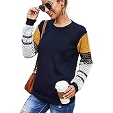 koitmy Women's Cute Contrast Sleeve Knitted Pullover Sweater