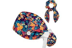 FVQL Scrub Cap, Surgical Caps for Women, Floral Flower Seamless Pattern, Bouffant Nurse Cap Ponytail