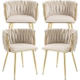 Nrizc Velvet Dining Chairs Set of 4, Woven Upholstered Dining Chairs with Gold Metal Legs, Modern Accent Chairs for Living Room, Dining Room, Kitchen