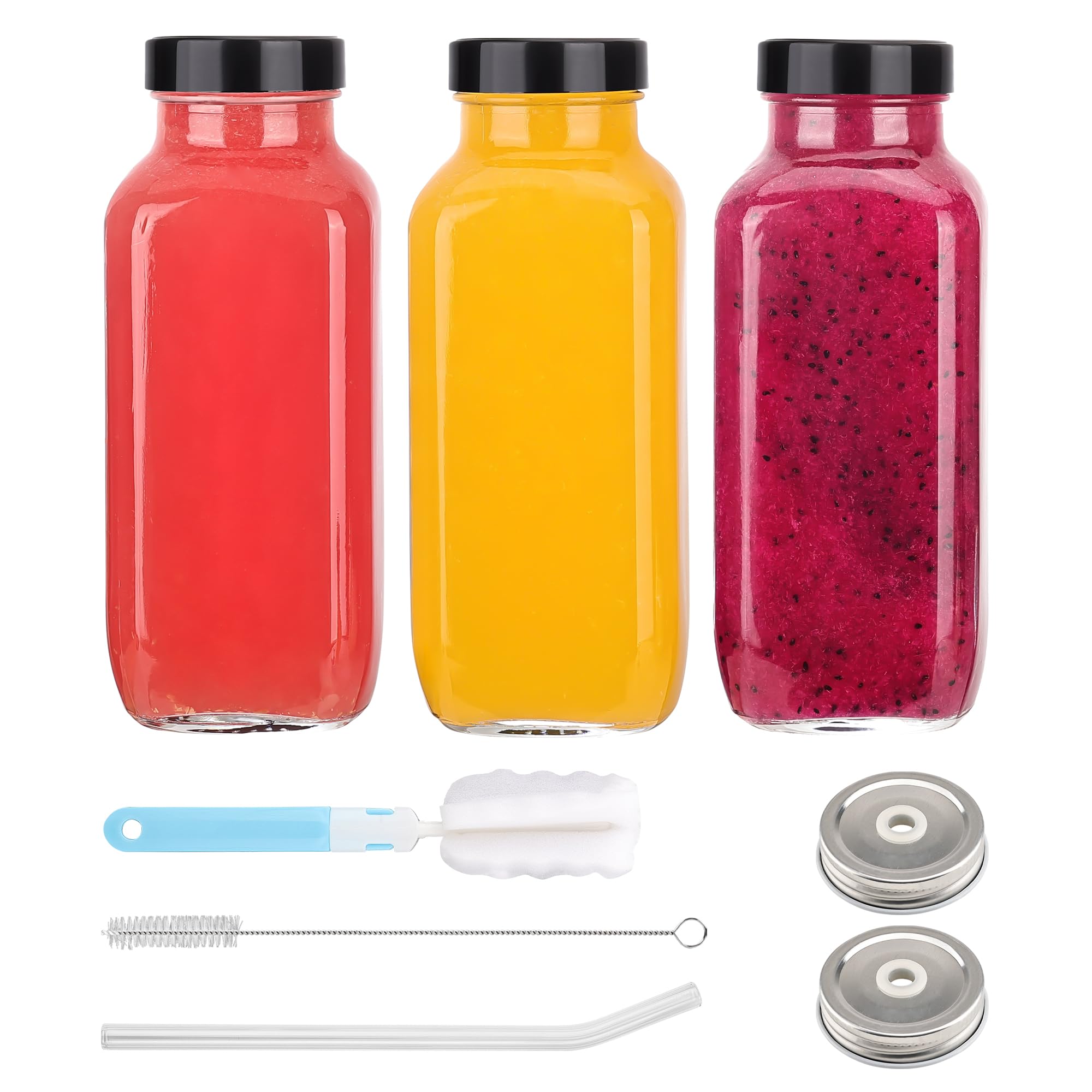 View 1 of 16 oz Glass Juice Bottles with Lids, 3-Pack Reusable Juice Containers, Water Bottles, Glass Drink Jars for Juicing, Smoothies, Kombucha, Ginger, Milk