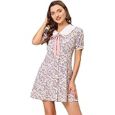 Allegra K Women's Peter Pan Collar Dress 2024 Floral Printed Button Bow Tie Short Sleeve Shirt Dresses