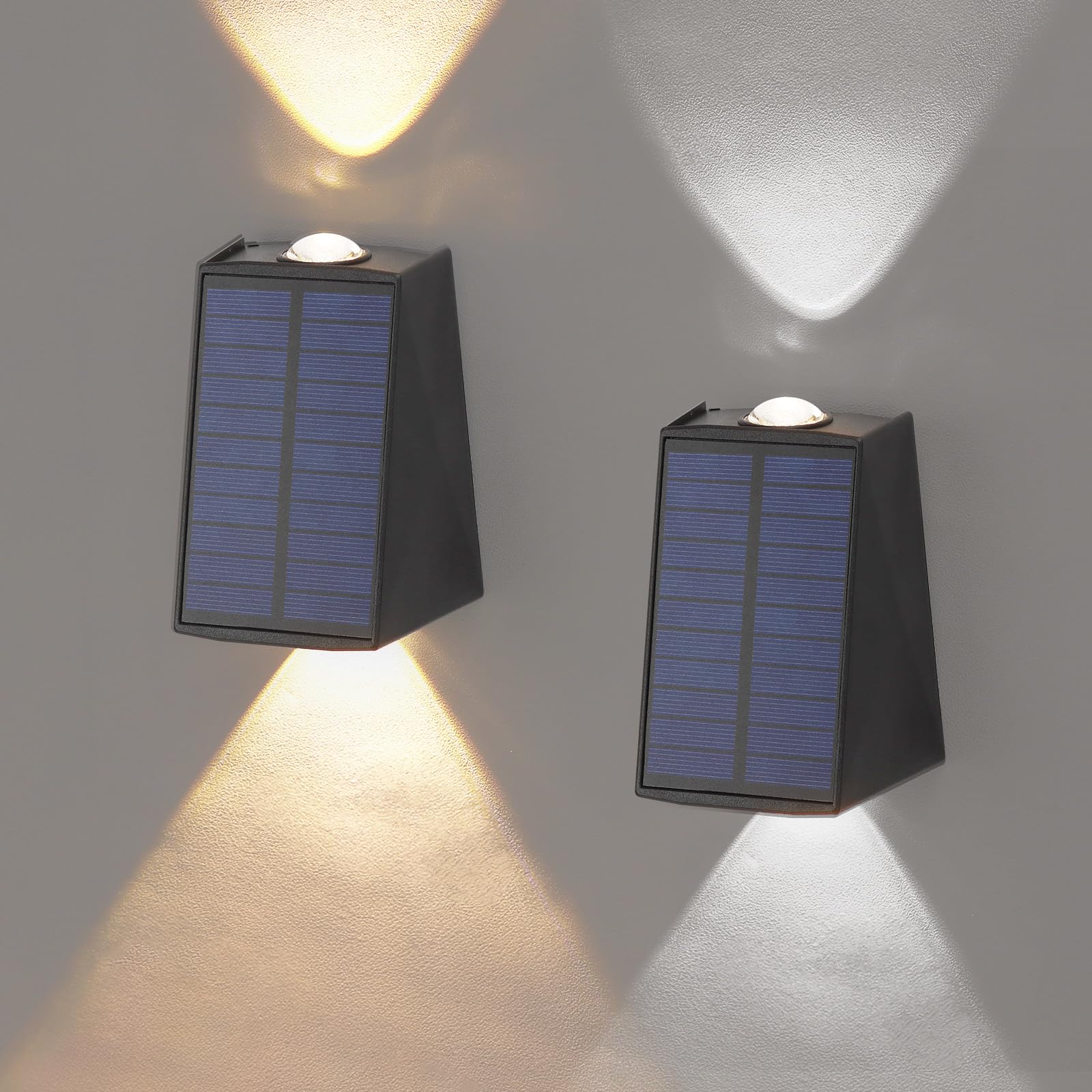 ALLOMN Solar Fence Lights, 2 Pack Outdoor Garden Solar Powered LED Wall Light with Warm White + Cool White Ligth Waterproof LED Wireless Lights for Yard Deck Roof Patio Stairway Garage Gate