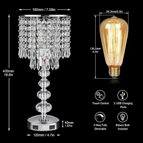 ACAXIN CRYSTAL TABLE LAMPS FOR BEDROOM NIGHTSTAND – TOUCH BEDSIDE LAMPS WITH TWO USB CHARGING PORTS SILVER, 3 WAY DIMMABLE SMALL GLAM LAMP FOR GIRLS, NIGHT STAND LAMP FOR LIVING ROOM