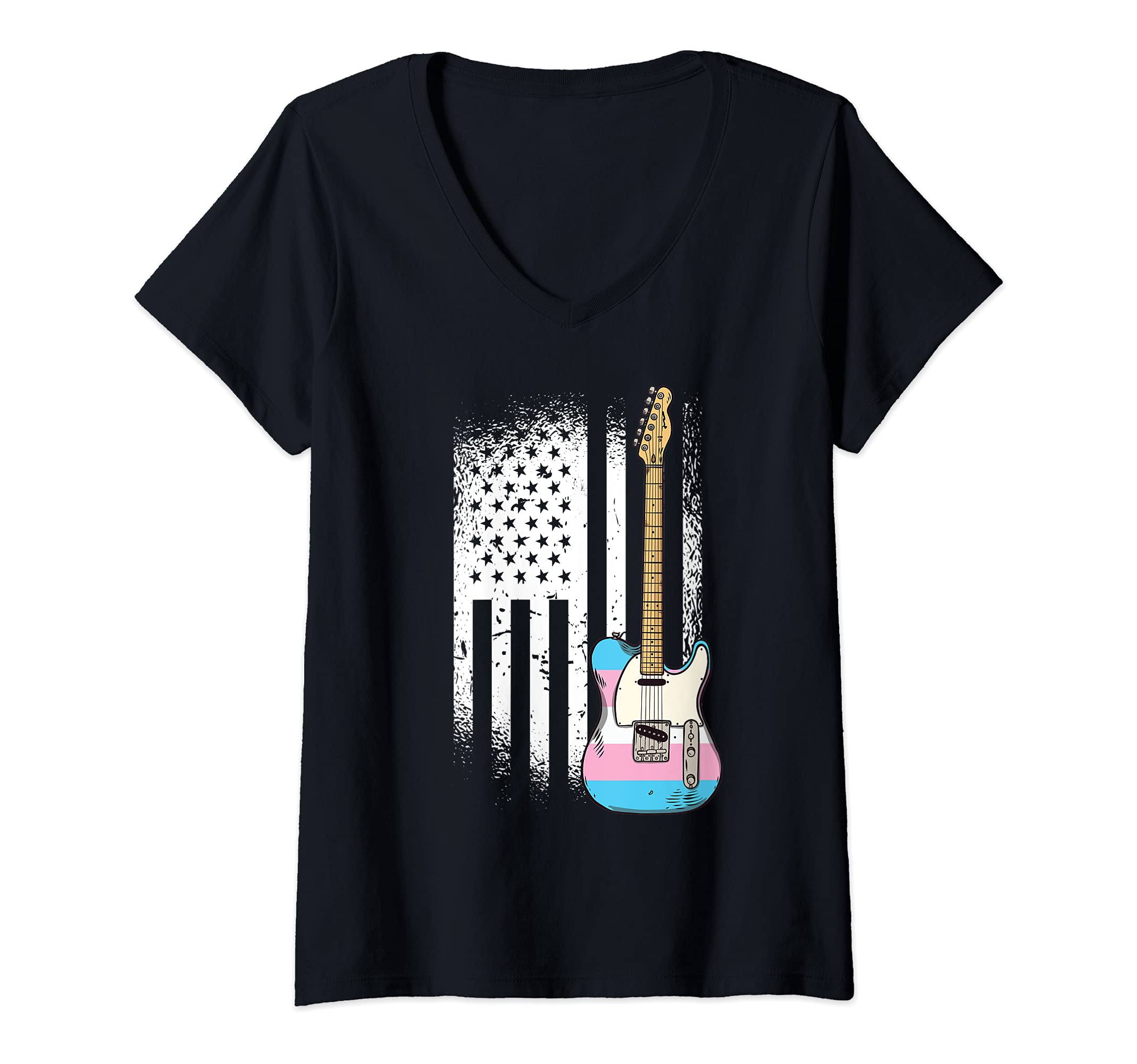 Womens American Flag Guitar Trans-gender Pride LGBTQ Ally Guitarist V-Neck T-Shirt
