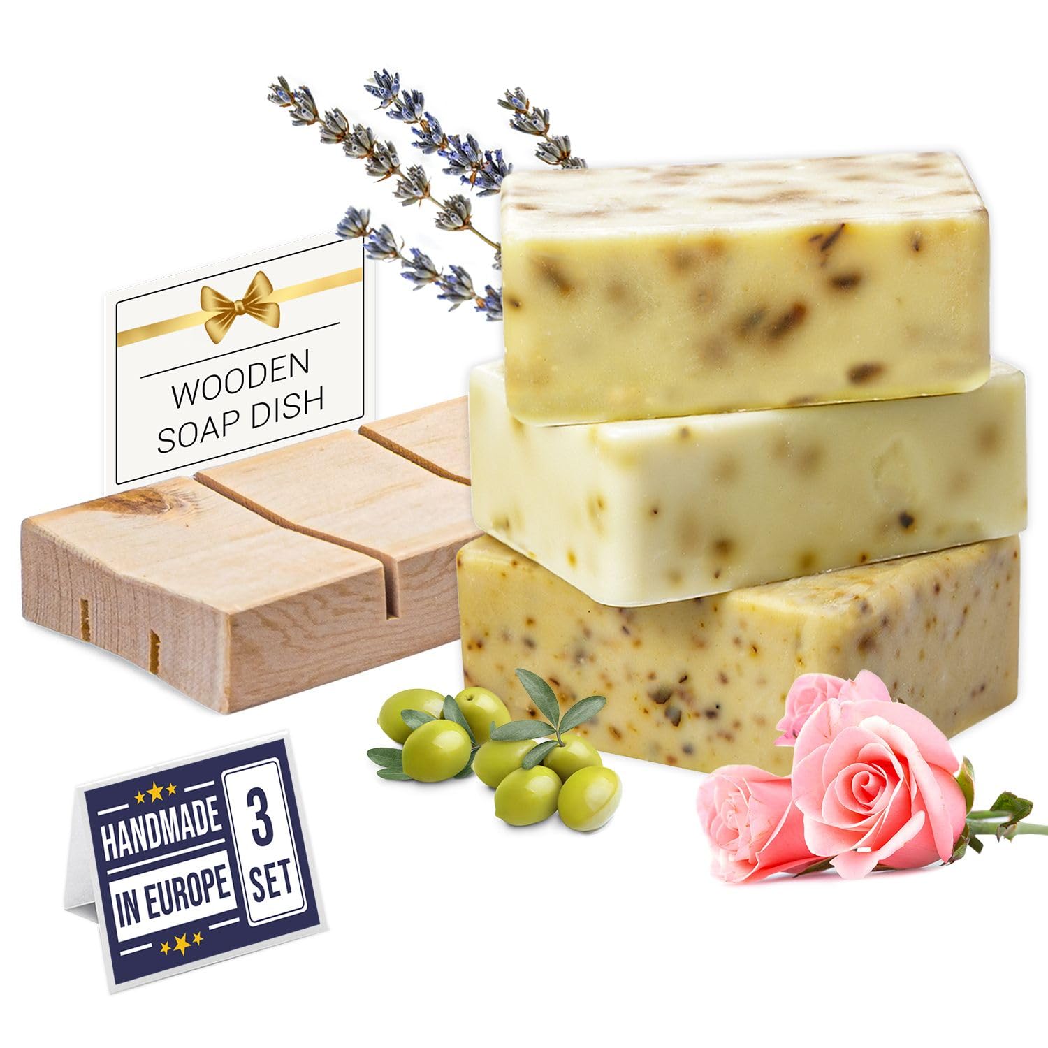 HARMONIFY Natural Soap Bars, Pack of 3 (1Pcs Rose, 1Pcs Lavender, 1Pcs Olive Oil) with Wooden Soap Dish 1Pcs, Assortment of 100% Natural Hand-Made Soaps, Skin Revitalizing and Moisturizing